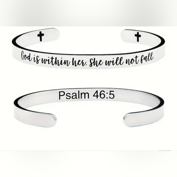 NEW Silver Cuff Bracelet "God is within her She will not fall" Psalms 46;5 - Picture 2 of 3